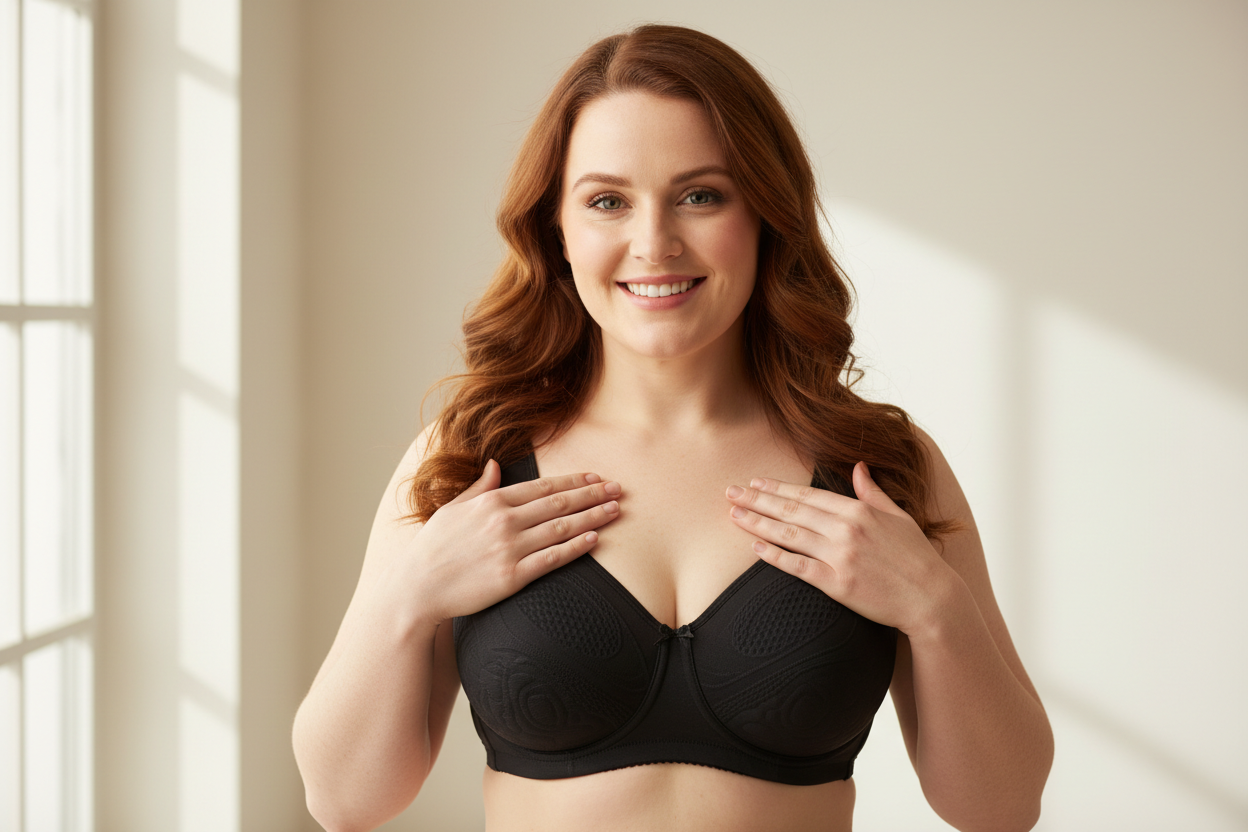 tu peut me créer une femme irlandaise qui porte en evidence  mon soutien gorge massant noir avec le sourire